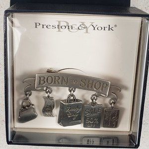 JJ Jonette Jewelry "BORN TO SHOP" Dangle Novelty Charms Pewter Brooch Pin NIB